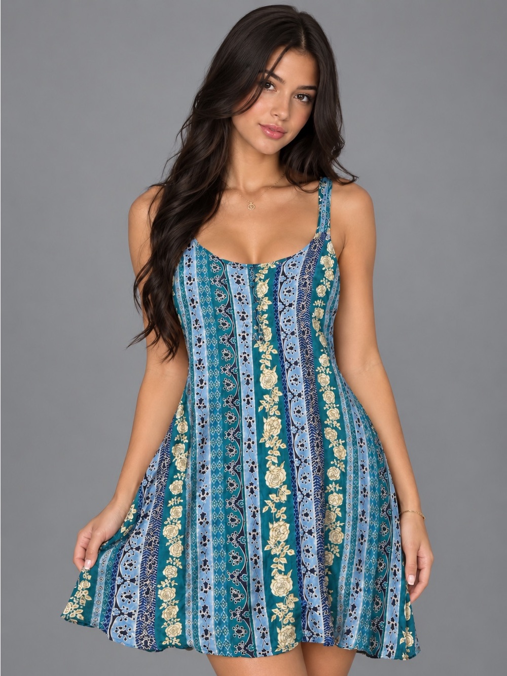 august silk Teal & Light Blue Floral Stripe Sundress